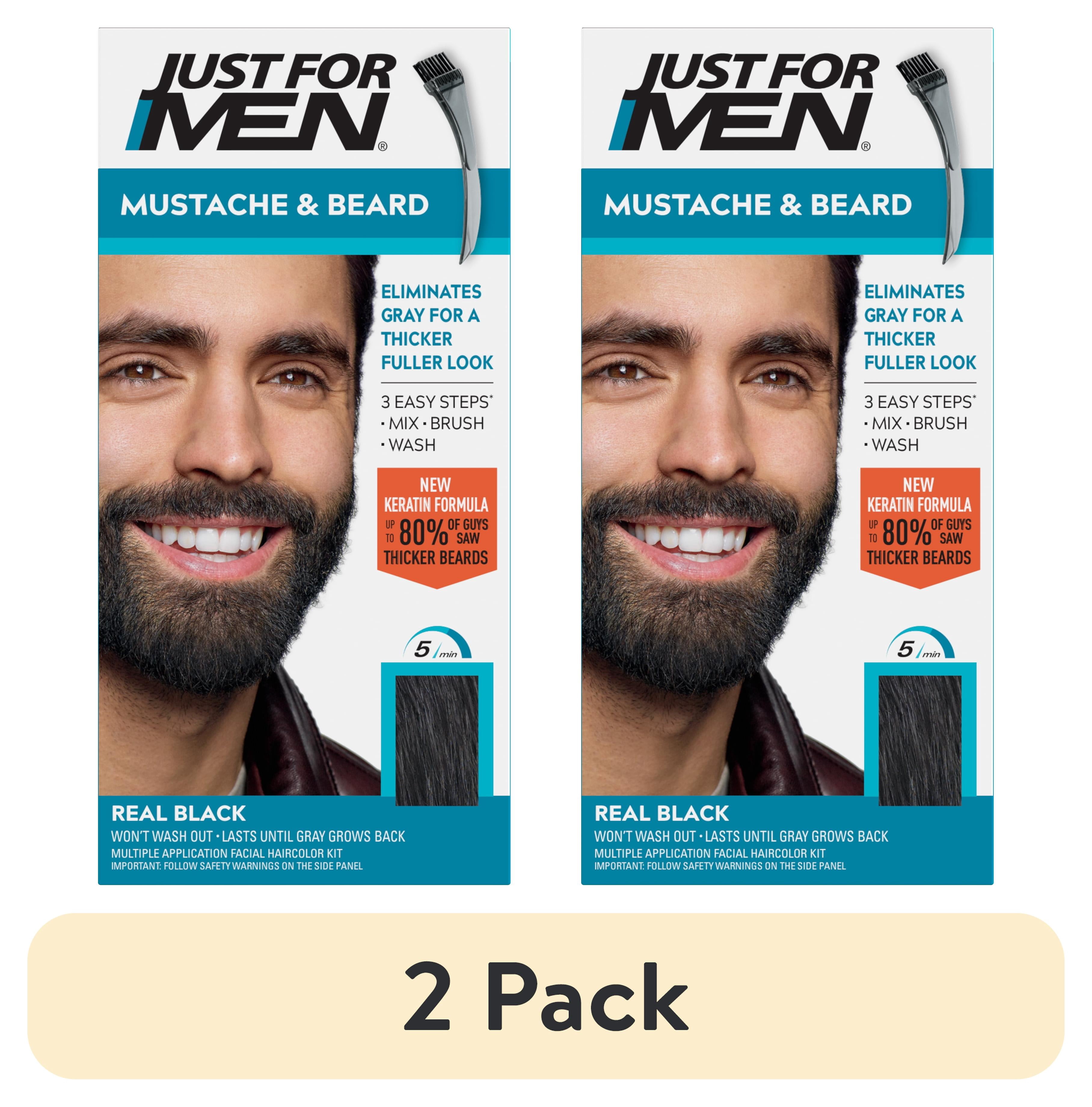(2 pack) Just For Men Mustache & Beard, Beard Dye for Men with Brush Included for Easy Application, With Keratin Biotin Aloe and Coconut Oil for Healthy Facial Hair - Real Black, M-55 Pack of 1