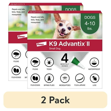 (2 pack) K9 Advantix II Monthly Flea & Tick Prevention for Small Dogs 4-10 lbs, 4-Monthly Treatment