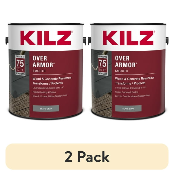(2 pack) KILZ Over Armor Wood & Concrete Solid Coating Resurfacer, Exterior, Smooth, Slate Gray, 1 Gallon