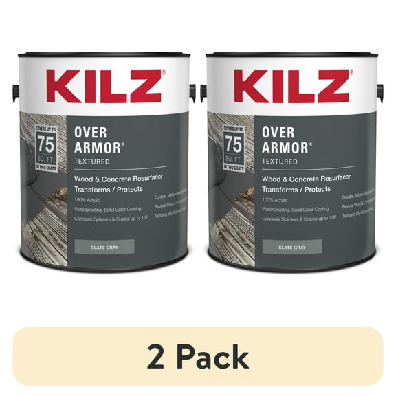 (2 pack) KILZ Over Armor Wood & Concrete Solid Coating Resurfacer, Exterior, Textured, Slate Gray, 1 Gallon