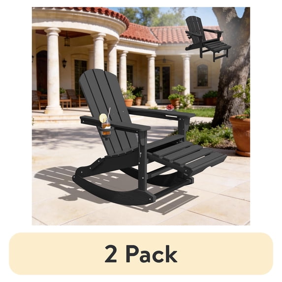 (2 pack) KINGYES Adirondack Rocking Chair with Retractable Ottoman and Cup Holders, HDPE Adirondack Rocker, Patio Rocking Chair for Porch, Patio