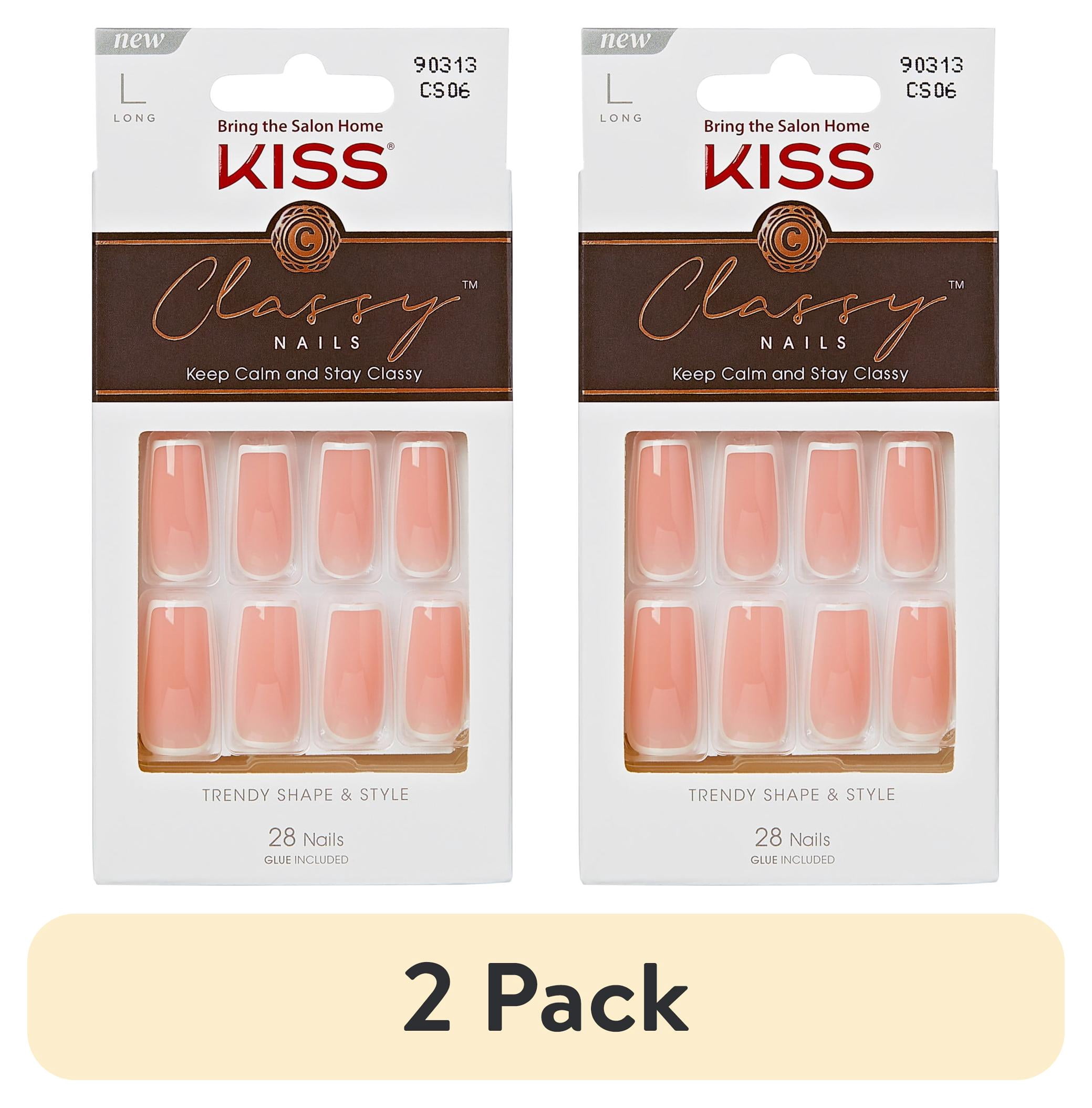 (2 pack) Kiss Classy French Tip Press On Nails, About Time, Pink, Long Square, 28 Count