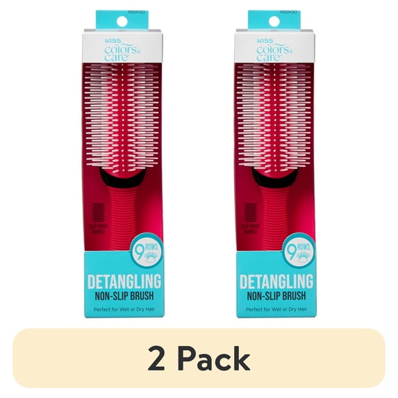 (2 pack) Kiss Colors & Care 9-Row Detangling Non-Slip, Round Cushion Hair Brush, Red, 1 Count