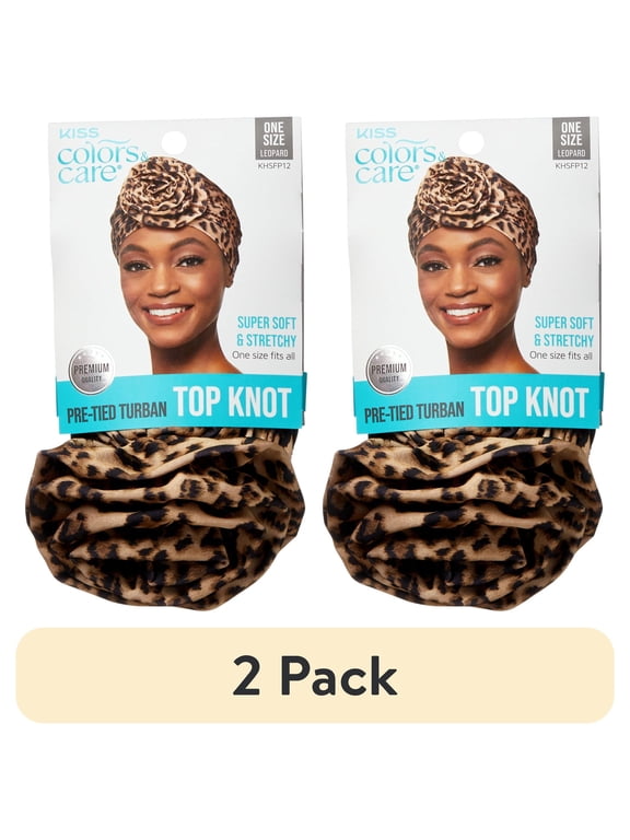 (2 pack) Kiss Colors & Care Pre-Tied Top Knot Turban, Unisex, One Size Fits All, Adult, Leopard