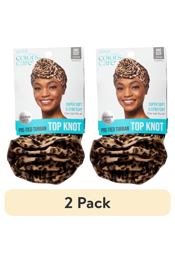 (2 pack) KISS Colors & Care Pre-Tied Top Knot Turban, Unisex, One Size Fits All, Adult, Leopard