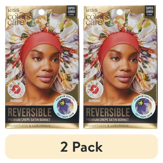 (2 pack) KISS Colors & Care Reversible Premium Crepe Satin Bonnet, Super Jumbo - Floral Design