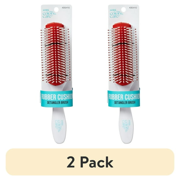 (2 pack) KISS Colors & Care Rubber Cushion Detangler Brush, Nylon Bristle Hair Brush, White