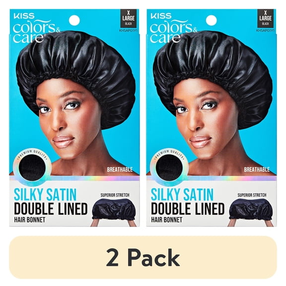 (2 pack) (2 pack) Kiss Colors & Care Silky Satin Bonnet Cap, Slip-Free Elastic Band, Black, XL, 1 ct