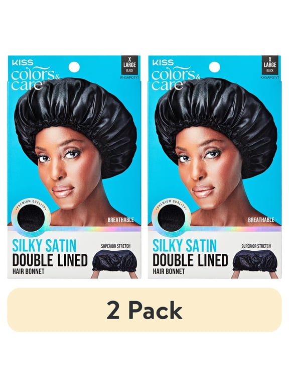 (2 pack) (2 pack) Kiss Colors & Care Silky Satin Bonnet Cap, Slip-Free Elastic Band, Black, XL, 1 ct