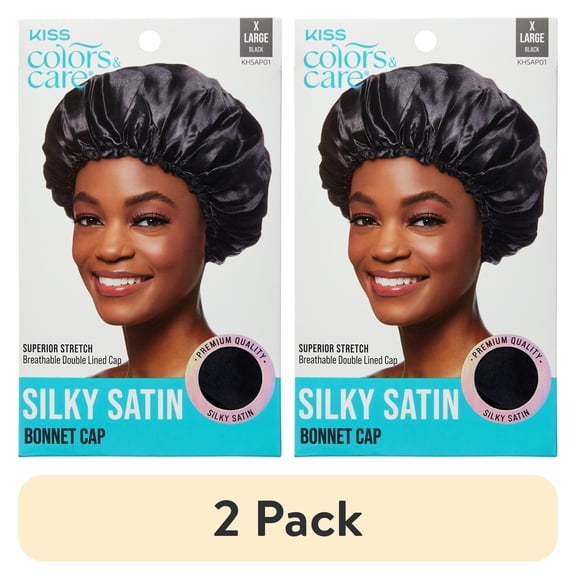 (2 pack) KISS Colors & Care Silky Satin Bonnet Cap, Slip-Free Elastic Band, XL, Black, 1 Piece