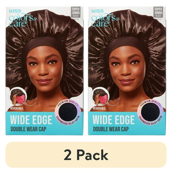 (2 pack) KISS Colors & Care Silky Satin Reversible Hair Bonnet Cap, Wide Edge, Super Jumbo, Black