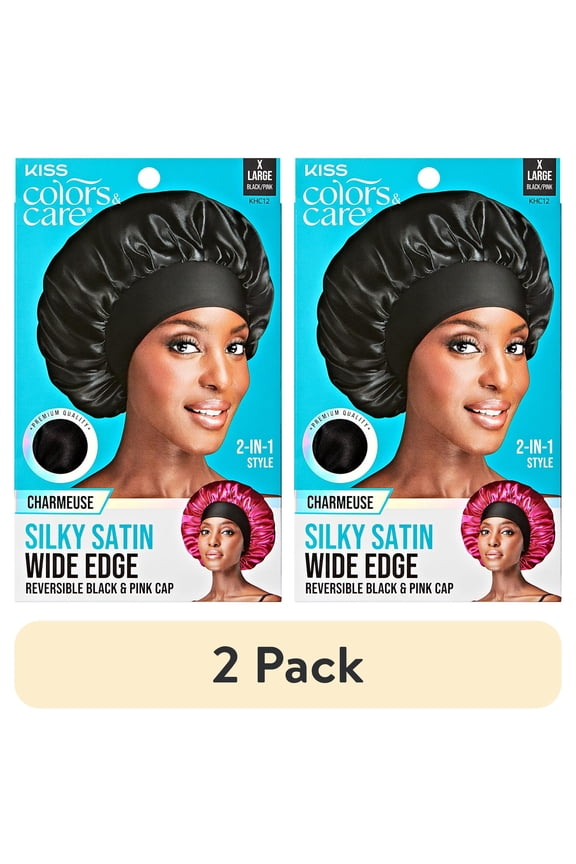 (2 pack) Kiss Colors & Care Silky Satin Bonnet, Wide Edge Cap, Reversible, Pink & Black, XL, 1 ct