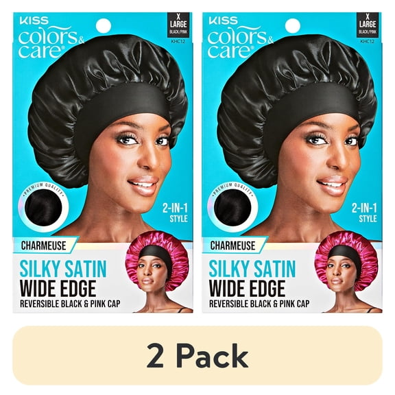 (2 pack) Kiss Colors & Care Silky Satin Bonnet, Wide Edge Cap, Reversible, Pink & Black, XL, 1 ct