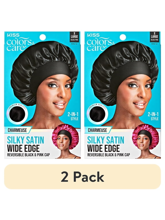 (2 pack) Kiss Colors & Care Silky Satin Bonnet, Wide Edge Cap, Reversible, Pink & Black, XL, 1 ct