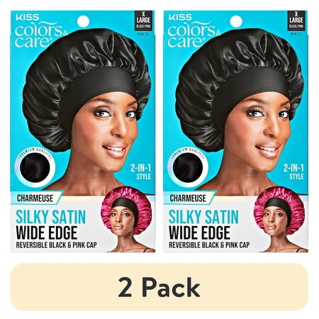(2 pack) KISS Colors & Care Silky Satin Reversible Hair Bonnet Cap, Wide Edge, XL, Black