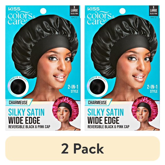 (2 pack) Kiss Colors & Care Silky Satin Wide Edge Reversible Double Wear Cap, Pink & Black