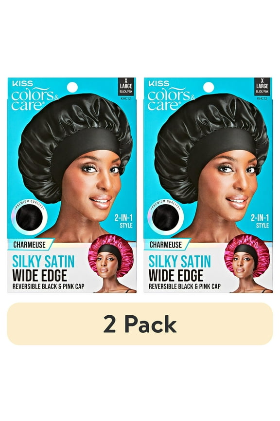 (2 pack) KISS Colors & Care Silky Satin Reversible Hair Bonnet Cap, Wide Edge, XL, Black