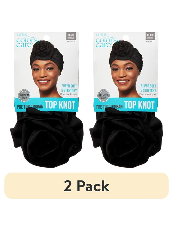 (2 pack) Kiss Colors & Care Top Knot Pre-Tied Turban Hair Wrap , Black