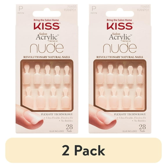 (2 pack) KISS Salon Acrylic French Nude, Press On Nails, Holla Back, Beige, Petite Squoval, 28 Count