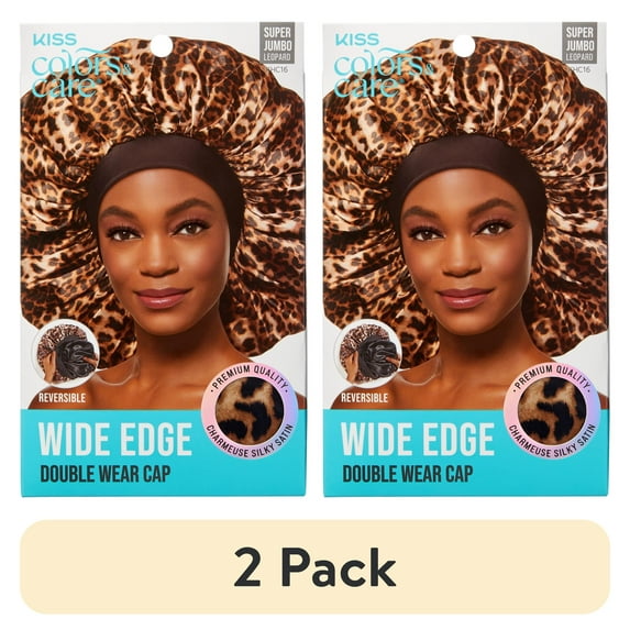 (2 pack) KISS Silky Satin Double Wear Cap Hair Bonnet, Super Jumbo, Leopard