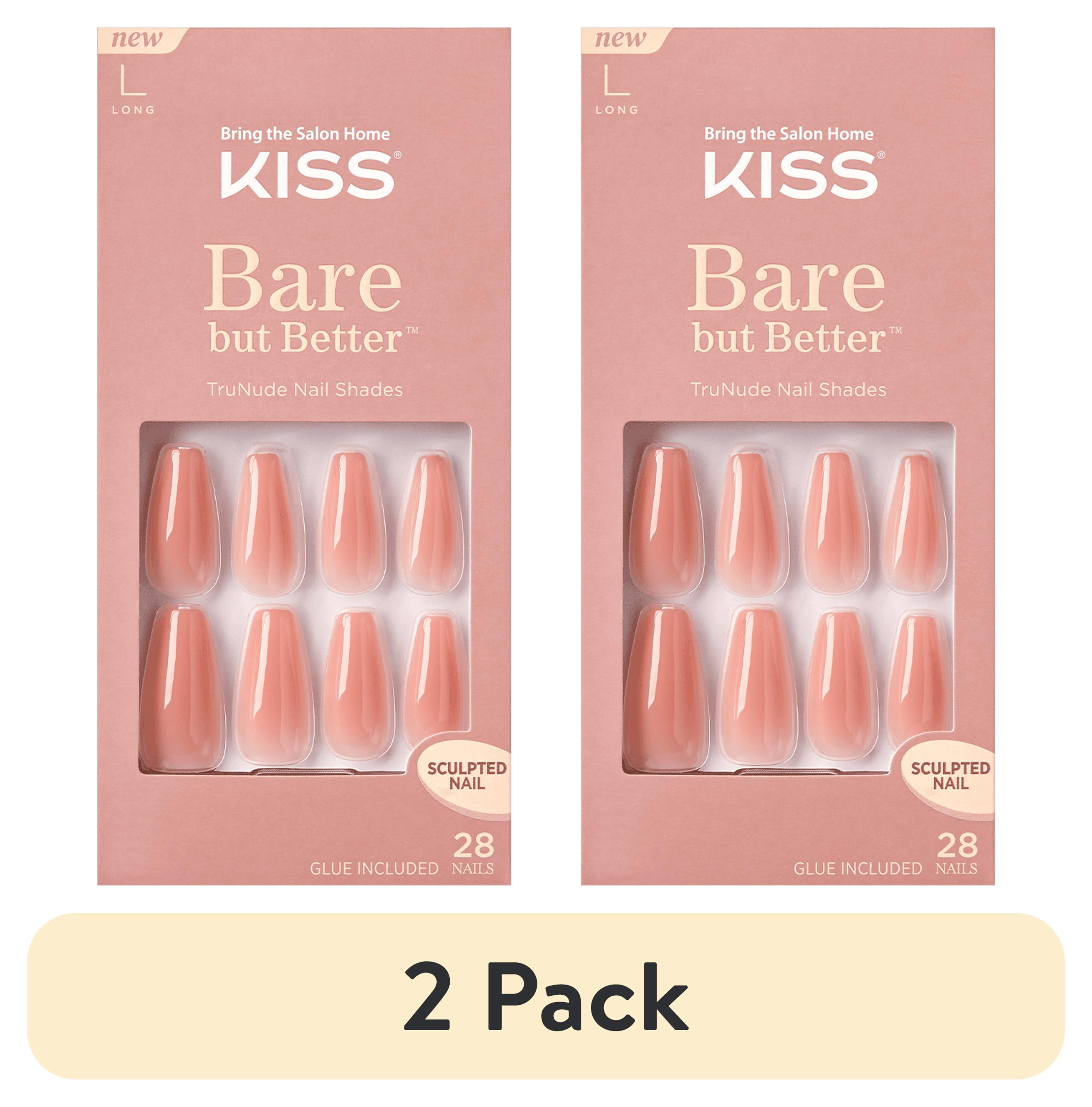 (2 pack) Kiss Bare but Better Press On Nails, Glossy Coral, Long Length, Coffin Shape, 28 Ct.