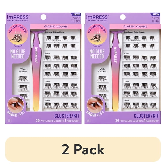(2 pack) KISS imPRESS Falsies Press On Self Adhesive Eyelashes, Classic Volume, 36 Lash Clusters