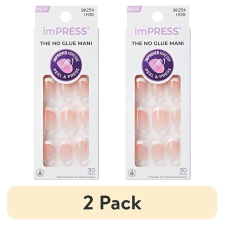 (2 pack) KISS imPRESS Short Square Oval Press on Nails, Pink French Tip, 30 Pieces
