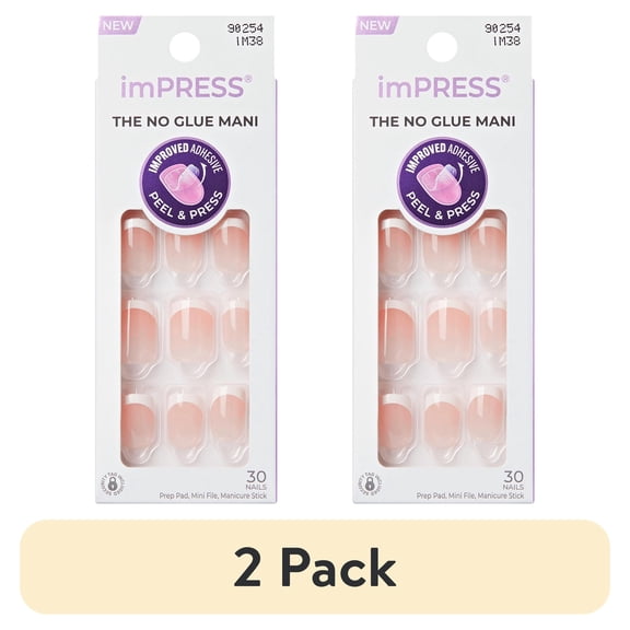 (2 pack) Kiss Impress Short Square Oval Press on Nails, Pink French Tip, 30 Pieces