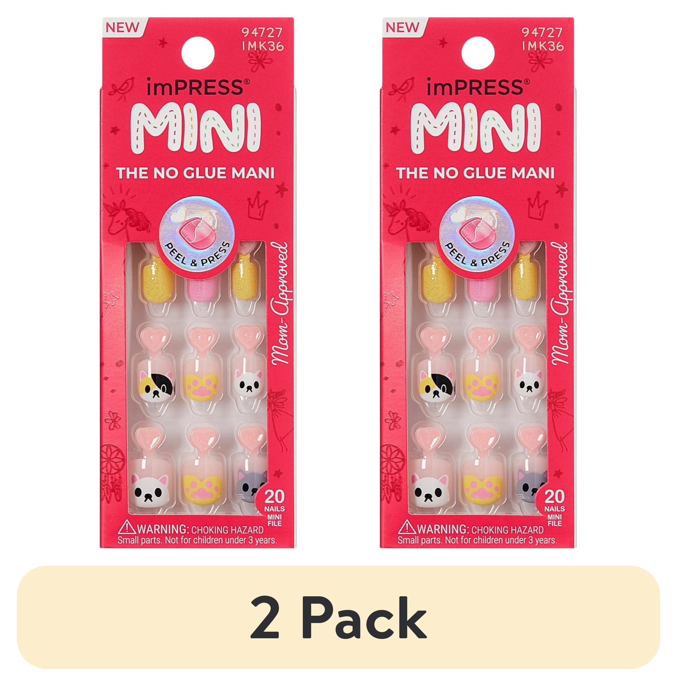 (2 pack) Impress Mini Press On Nails for Kids, ‘Cuddles’, Pink, Squoval, 20 Count