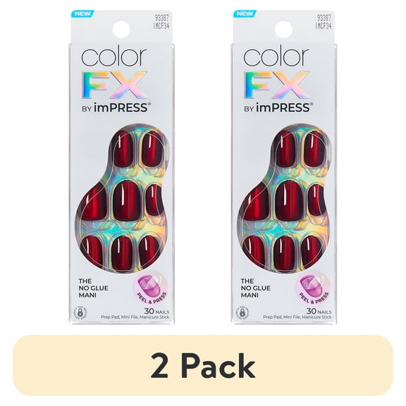 (2 pack) KISS imPRESS Color FX  Short Oval Press on Nails, Red, 30 Pieces