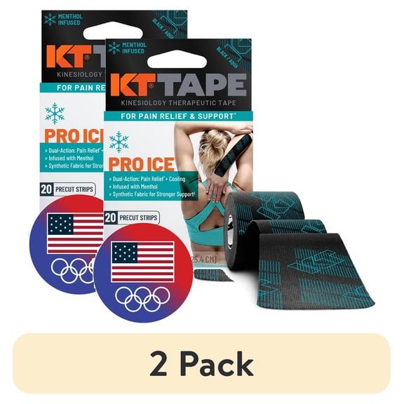 (2 pack) KT Tape Pro Ice Kinesiology Tape with Cooling Menthol for Dual-Action Pain Relief, Black, 20 Count