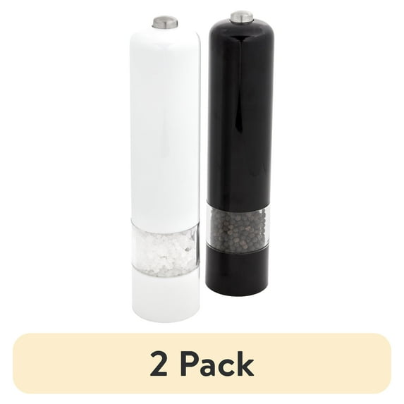 (2 pack) Kamenstein 8-Inch Battery Operated Prefilled Salt & Pepper Grinder Set, Black & White