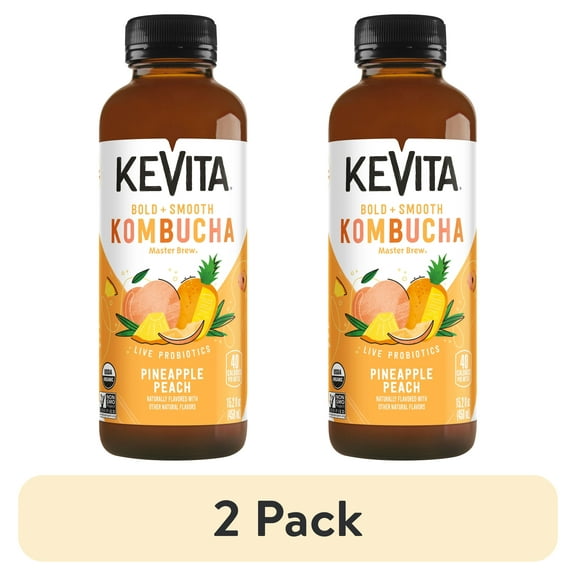 (2 pack) KeVita Master Brew Kombucha Tea, Pineapple Peach Flavor, Naturally Caffeinated, 15.2 oz Bottle
