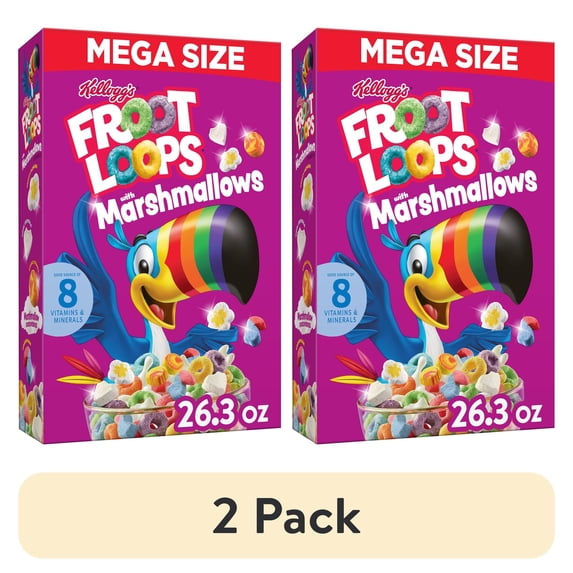 (2 pack) Kellogg's Froot Loops, Breakfast Cereal, Original With Marshmallows, Low Fat Food, Mega Size, 26.3oz Box