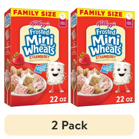 (2 pack) Kellogg's Frosted Mini-Wheats Cold Breakfast Cereal, High-Fiber, Whole Grain, Family Size, Strawberry, 22oz Box (1 Box)