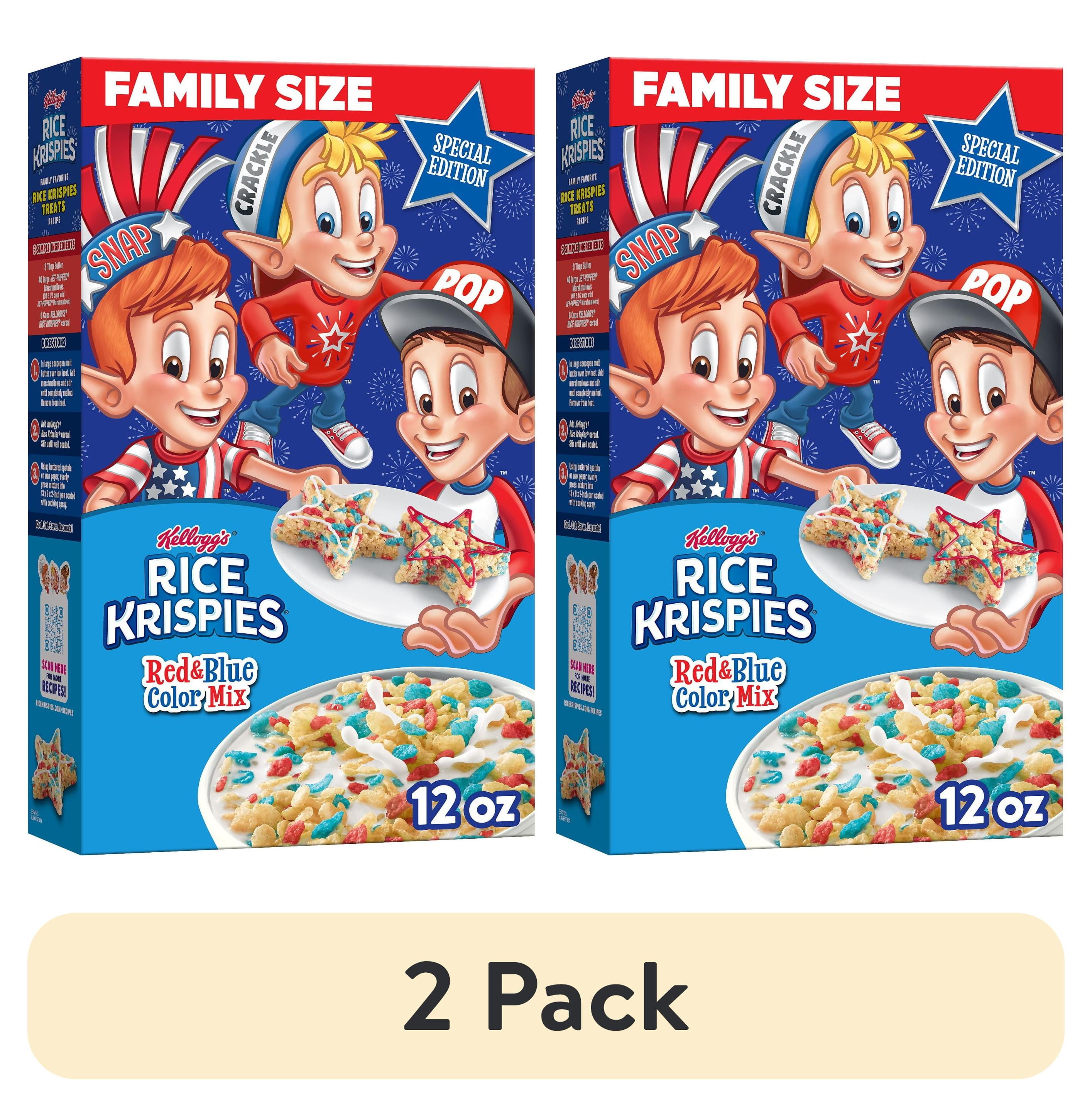 (2 pack) Kellogg's Rice Krispies Breakfast Cereal, Summer Snacks, Family Breakfast, Family Size, Red and Blue Color Mix, 12oz Box (1 Box)