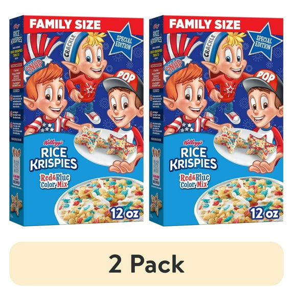 (2 pack) Kellogg's Rice Krispies Breakfast Cereal, Summer Snacks, Family Breakfast, Family Size, Red and Blue Color Mix, 12oz Box (1 Box)