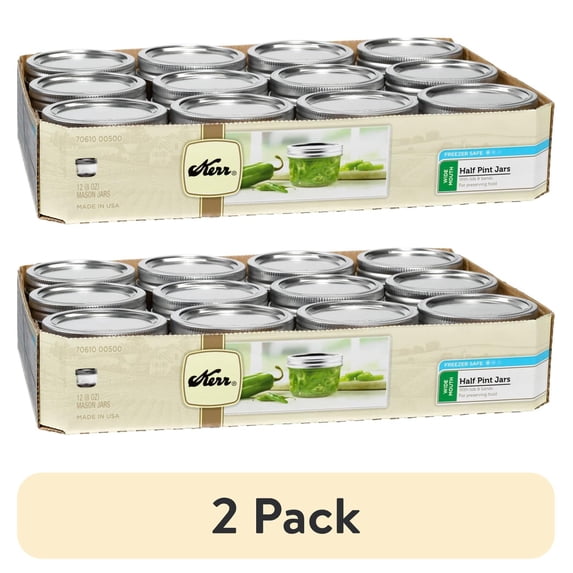 (2 pack) Kerr Canning Jars, Wide Mouth Half-Pint Mason Jars with Lids and Bands, 12 Count 8 oz