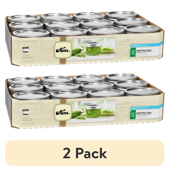 (2 pack) Kerr Canning Jars, Wide Mouth Half-Pint Mason Jars with Lids and Bands, 12 Count 8 oz