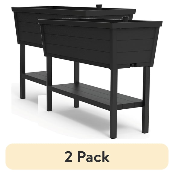 (2 pack) Keter Alfresco Garden Bed 44" x 18" x 33" Durable Wood-Look Raised Garden Bed with Self-Watering and Drainage System Kit, Gray