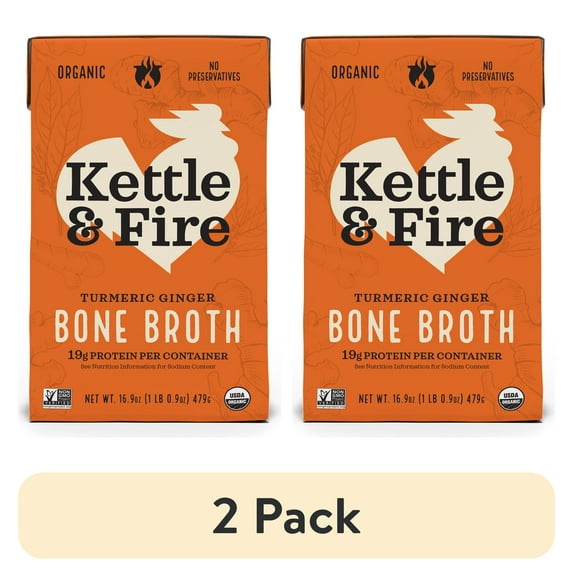 (2 pack) Kettle & Fire Turmeric Ginger Chicken Bone Broth, Shelf-Stable, 16.9 oz