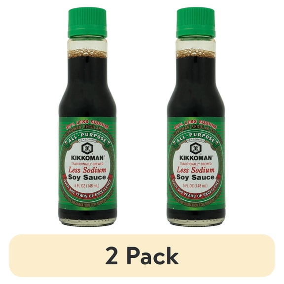 (2 pack) Kikkoman Less Sodium Soy Sauce, 5 oz (148 mL), Liquids, Shelf Stable, Glass Bottle, New