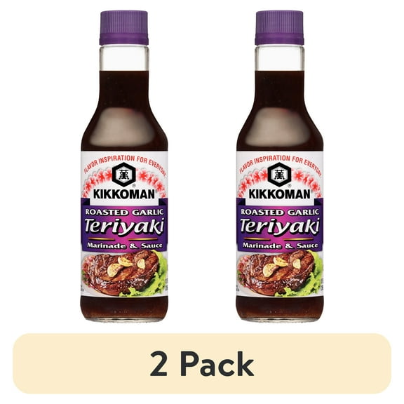 (2 pack) Kikkoman Roasted Garlic Teriyaki Marinade & Sauce, 10 fl oz, 1 Count, Shelf Stable, Glass Bottle