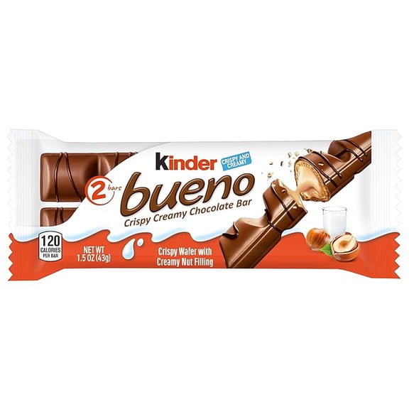 (2 pack) Kinder Bueno Milk Chocolate and Hazelnut Cream, 2 Individually Wrapped Chocolate Bars, 1.5 oz