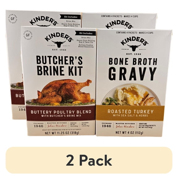 (2 pack) Kinder's Butcher's Brine Kit, Buttery turkey Blend 11.25 oz & Bone Broth Gravy, Roasted Turkey 4 oz