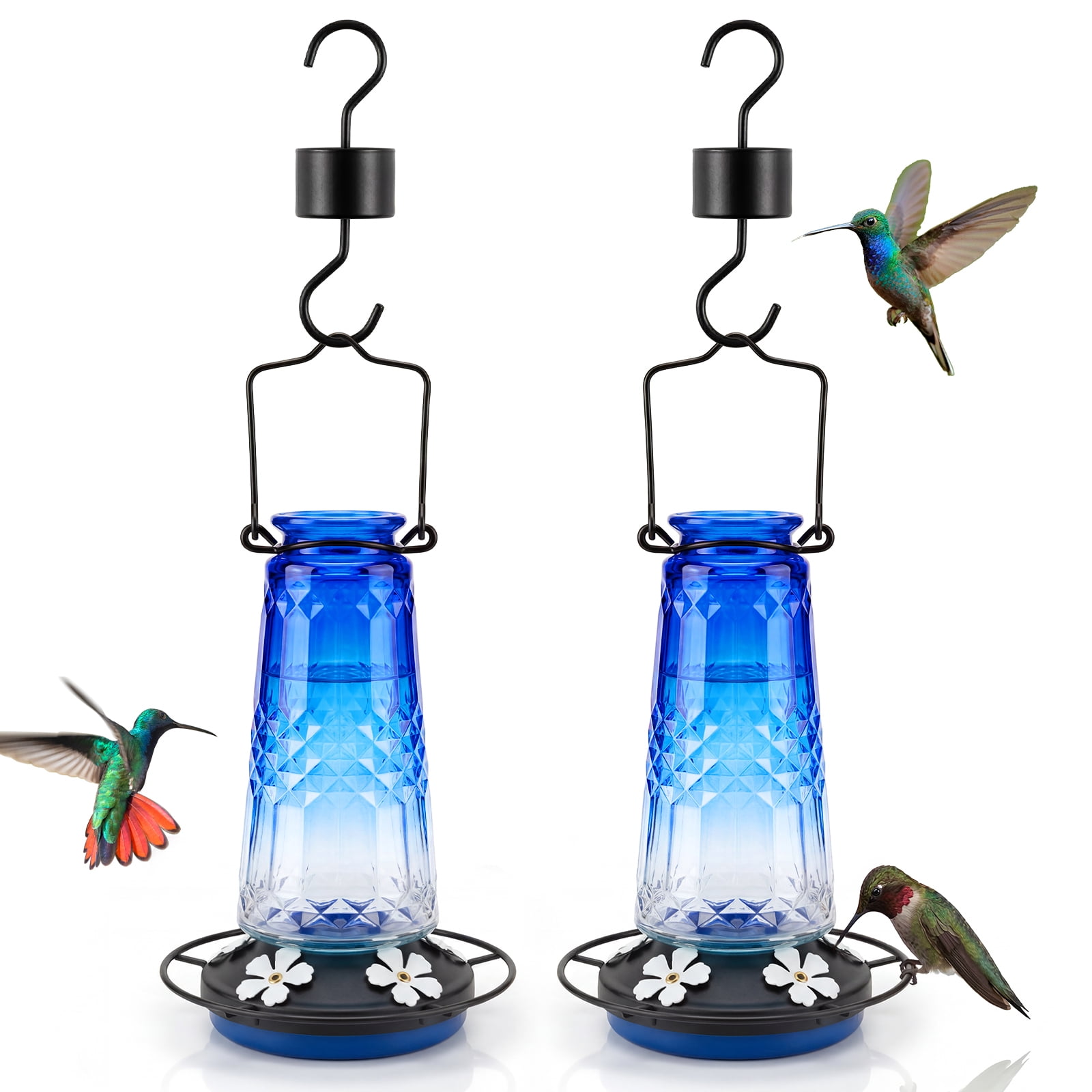 (2 pack) Kingsyard 18.6 oz Blue Glass Hummingbird Feeder, 5 White Ports, Ant Moat Included