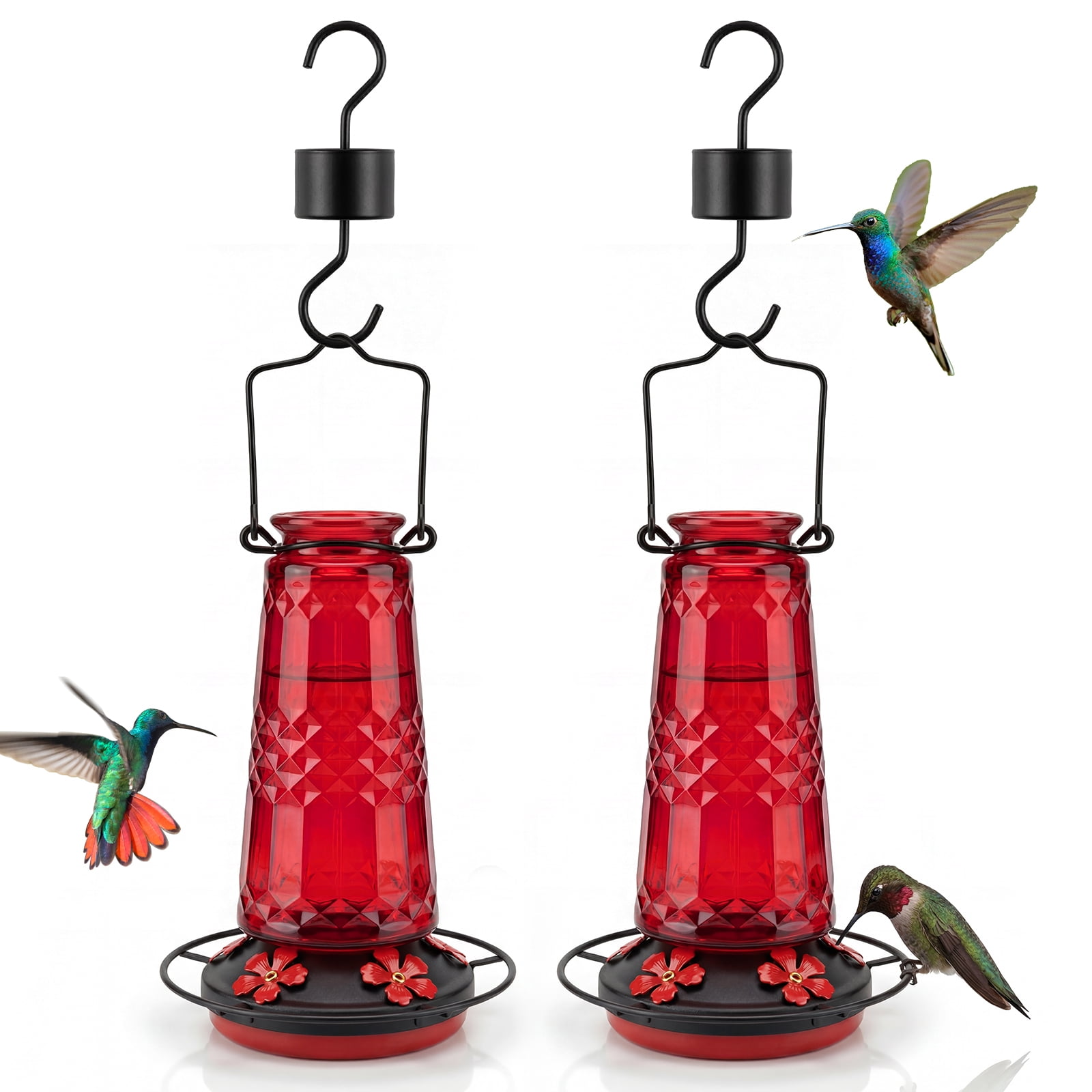 (2 pack) Kingsyard 18.6 oz Red Glass Hummingbird Feeder, 5 Red Ports, Ant Moat Included