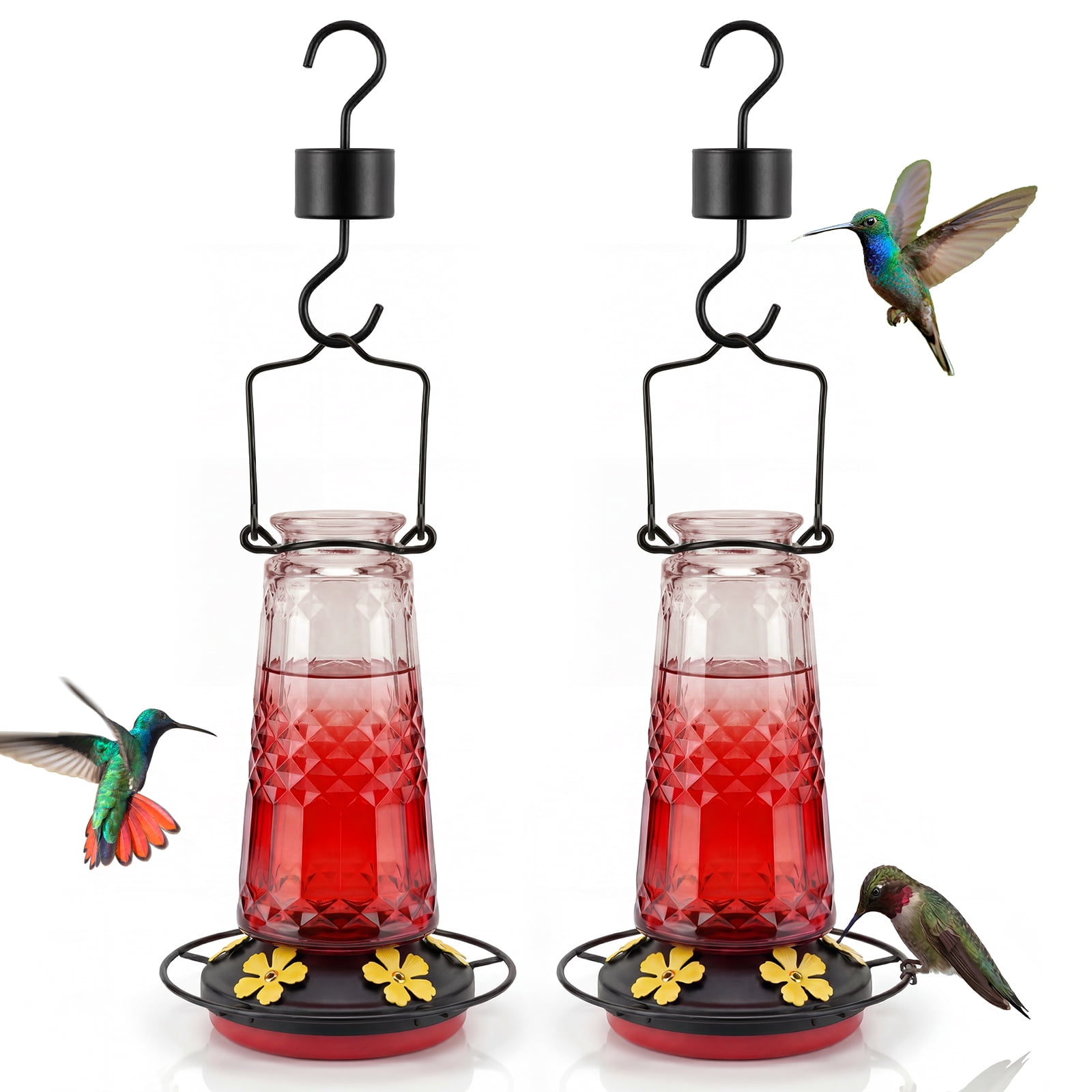 (2 pack) Kingsyard 18.6 oz Red Ombre Glass Hummingbird Feeder, 5 Yellow Ports, Ant Moat Included