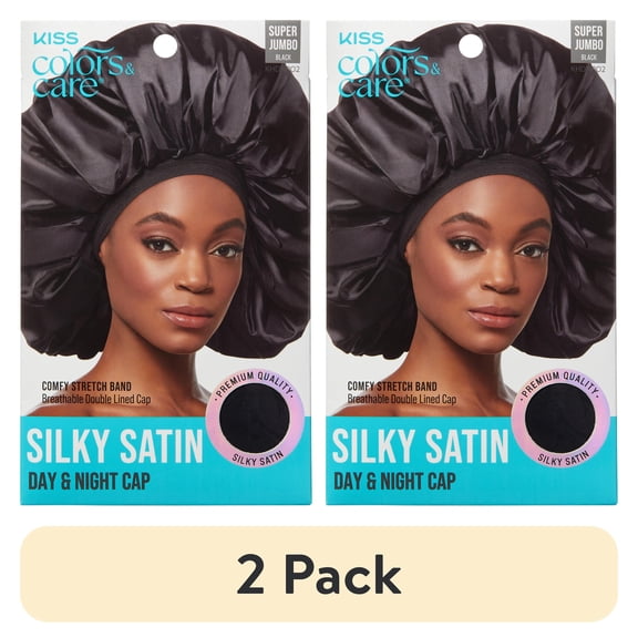 (2 pack) KISS Colors & Care Silky Satin Day & Night Bonnet Cap, Super Jumbo, Black, 1 Count