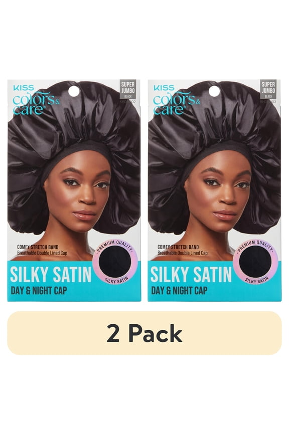 (2 pack) KISS Colors & Care Silky Satin Day & Night Bonnet Cap, Super Jumbo, Black, 1 Count